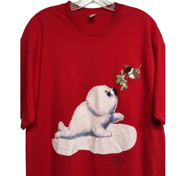 Vintage Endangered‎ Young'uns Red Baby Seal Chickadee One Size Fits All T Shirt - Picture 3 of 7